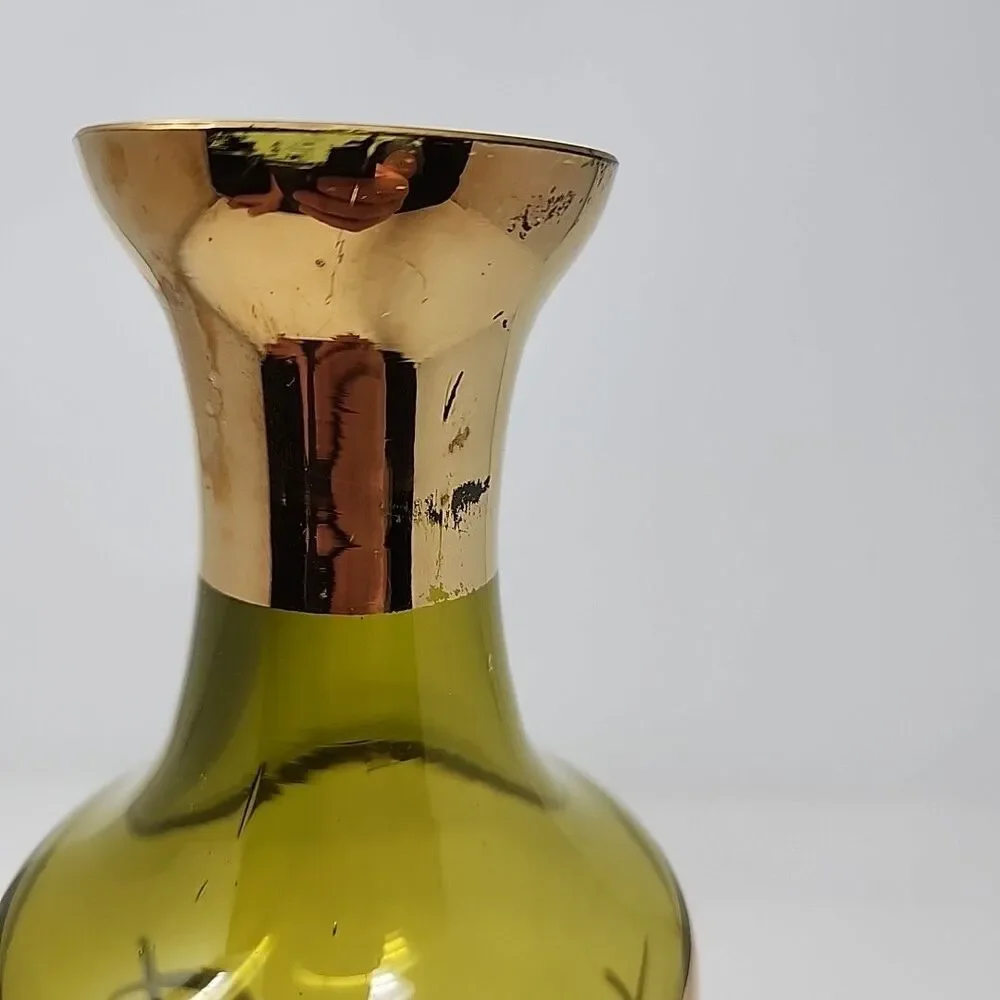 Vintage Decanter Vase Green Glass Gold Trim 14